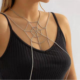 4704 2025 jewelry, sexy metal chain bikini necklace, geometric spider web personalized breast chain body chain