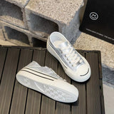 namcoverse Women's Korean-Style Fashionable Canvas Shoes  New Platform Lace-up Board Shoes Two-Way Step-on White Shoes Casual Sneaker