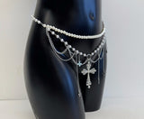 LH4758 2025 New cross fringed waist chain women's decorative body chain, imitation pearl retro beaded waist chain