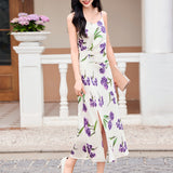 High-End Imitation Acetate Print Dress Spring and Summer 2024 New Elegant Sexy V-neck Sleeveless Suspender Dress