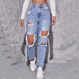 Ripped Jeans for Women 2024 New European and American Fashion Water Washed Hole High Waist Straight-Leg Pants