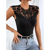 NAMCOVERSE Temu Summer New Water Soluble Lace Stitching Sexy Sleeveless Stretch T-shirt Women