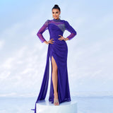 2025 long-sleeved crew neck sexy long hot diamond mesh banquet fishtail evening dress bridesmaid dress women