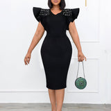2025 Hot trade large size women's clothing popular new round neck lotus leaf sleeve slit nail bead hip wrap OL dress dress 2025 dress