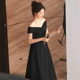2025 One-word shoulder evening dress light luxury high sense banquet satin host art test dress temperament celebrity long dress spring