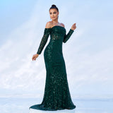 2025 new temperament one-word collar long-sleeved long sequined banquet fishtail evening dress bridesmaid dress dress