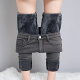 Smoky Gray High Waist Velvet Padded Thick Jeans Women's Stretch Feet Pants 2023 Autumn and Winter New Single-Layer Fleece-Lined Pencil Pants