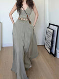 2025 popular summer V-neck niche high-end waist hollow large skirt dress women's floor-mopping dress