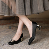 2025 5288-8 Small Korean version square head satin thick heel single shoes women 2025 women's autumn new rhinestone high heels women