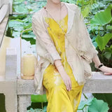 2025 New Chinese style Zen women's clothing popular new high-end Tang suit top yellow imitation acetic acid dress set
