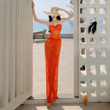 2025 Thailand Sanya seaside vacation orange hollow lace hip wrap pleated tube top pure desire sexy dress beach dress