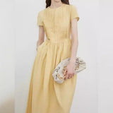 2025 yellow heavy industry pleated waist dress women's popular summer new small flying sleeve splicing dress