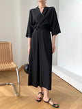 2025 2022 summer new women's clothing retro national style handmade buckle solid color v-neck dress high waist thin solid color dress