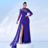 2025 long-sleeved crew neck sexy long hot diamond mesh banquet fishtail evening dress bridesmaid dress women