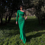 NAMCOVERSE Popular trade women's clothing new fashionable and sexy slanted shoulder single sleeve pleated waist split fork medium and long women's dress