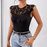 NAMCOVERSE Temu Summer New Water Soluble Lace Stitching Sexy Sleeveless Stretch T-shirt Women