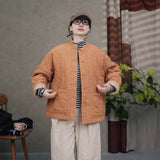 Rhombus cotton jacket for women, linen cotton thick stand-up collar buckle light Chinese cotton-padded jacket, warm fashion top B1001
