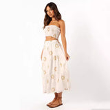 24 Summer European and American Style Fresh Fashion Printed Pleated Outer Wear off-the-Shoulder Tube Top Skirt Two Pieces