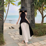 2025 Sanya island travel wear long dress seaside vacation pleated skirt sexy backless suit women's two-piece beach skirt