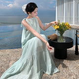 2025 Sweet bow strap neck dress women's summer new seaside vacation wind loose knee thin dress