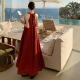 2025 New Chinese retro red shoulder digging holiday dress summer dopamine neck strap holiday beach dress