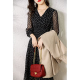 2025 Polka dot mulberry silk skirt  summer new V-neck long sleeves, medium and long silk dress temperament women's clothing