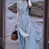 2025 popular summer temperament stacking new Chinese style improved cheongsam two-piece set retro waist long set