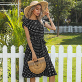 NAMCOVERSE Independent Station Cross-Border Summer Hot Sale European and American Mid-Length Dress Short Sleeve Lace-up Polka Dots Pleated Dress