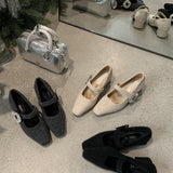 2025 Temperament velvet  single shoes night breeze rhinestone square buckle one-word buckle Mary Jane shoes square head thick heel grandma shoes