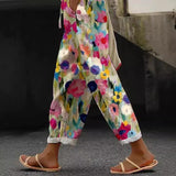 Spring New Women's Casual Printed Elastic Waist with Pockets Cropped Straight Pants