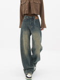 Summer New Retro Washed Distressed Straight Jeans Women's Design High Waist Loose All-Match Mop Wide Leg Pants