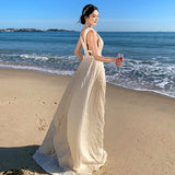 2025 Super fairy pleated cross halter Greek Muse dress long dress high sense beautiful seaside vacation suspender dress