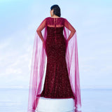 2025 Popular trade Popular,  and the United States fat mm large size women's clothing long-sleeved V-neck banquet sequined fishtail evening dress dress