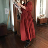 Ankola red, pure cotton long skirt, pinch pleated large skirt, pocket dress, autumn women's high sense B0925