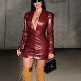 NAMCOVERSE 2025 Real shot-V-neck long-sleeved leather dress short dress  New sexy tight girl waist-wrapped hip dress
