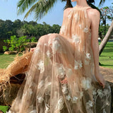 2025 sleeveless neck off-the-shoulder dress women's summer design sense gentle temperament three-dimensional flower dress