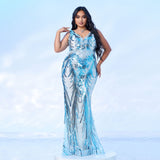 2025 Popular trade  fat mm large size women's clothing long sleeveless V-neck banquet slim sequined evening dress dress