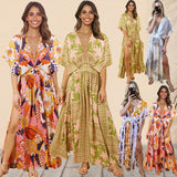 European and American Hot Trade  New Summer Women's New Batwing Sleeve V-neck Printed Beach Dress Sexy Dress