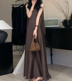 2025 popular summer new high-end temperament linen V-neck sleeveless dress, oversized skirt loose vest long dress