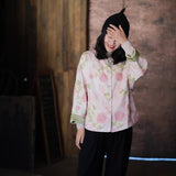 Spring new new Chinese pink printed top, national style disc buckle fleece cardigan, women's coat A1135
