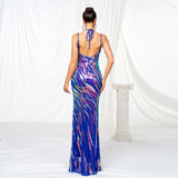 2025 new high-end temperament sleeveless neck sling banquet hip wrap sequined split evening dress dress