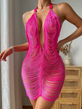 2024  Ins New Summer New Halter Backless Sexy Fabric See-through Lines Dress Women