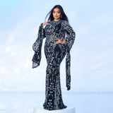 2025 Popular trade Popular,  and the United States fat mm large size women's clothing long-sleeved round neck banquet sequined fishtail evening dress dress