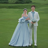 2025 Tube top light wedding dress 2025 new blue bride wedding photo temperament dress sexy banquet hosting photo