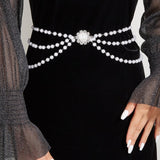 2025 3219  hot-selling fashion flower accessories pearl hand-spliced personalized tassel side pendulum chain waist chain body chain