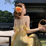 2025 super fairy pure desire one-word shoulder yellow chiffon dress seaside vacation sweet bow tube top long dress women