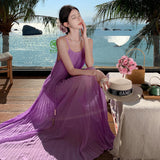 2025 Go to the seaside to travel and take pictures, wear clothes, women's summer temperament, purple pleated elegant suspender long skirt, Sanya beach skirt