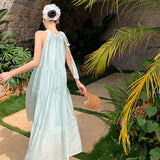 2025 Sweet bow strap neck dress women's summer new seaside vacation wind loose knee thin dress