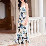 High-End Imitation Acetate Print Dress Spring and Summer 2024 New Elegant Sexy V-neck Sleeveless Suspender Dress