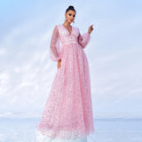 2025 high-end temperament long-sleeved V-neck long sequined banquet big pendulum evening dress bridesmaid dress women